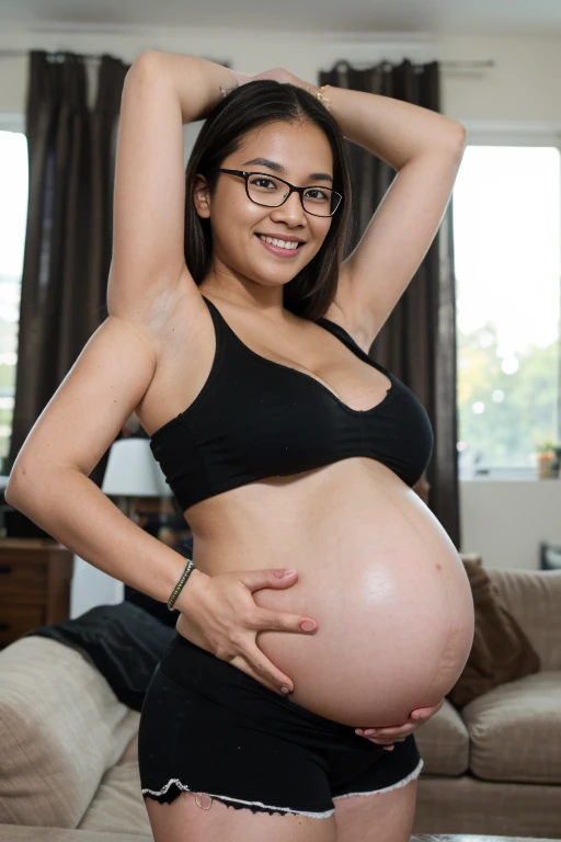 Dslr photo, (extraarms:1.2), (8k, 4k, masterpiece),nerdy geek young filipina asian woman, dark thick rimmed glasses, smiling, posing indoors, living room, night, (black loose tank top cropped to show stomach), (:1.2),sleeveless, pajamas, showing bare pregnant belly, bracelets, smiling, blurry background, (upper hands on head), (lower hands on hips), (lower hands on pregnant belly), (elbows out), arms fully extended, dynamic, proud, looking at viewer, full subject in frame, full body view, thighs, pajama shorts, pregnant, preggo, (extraarms:1.2), four arms