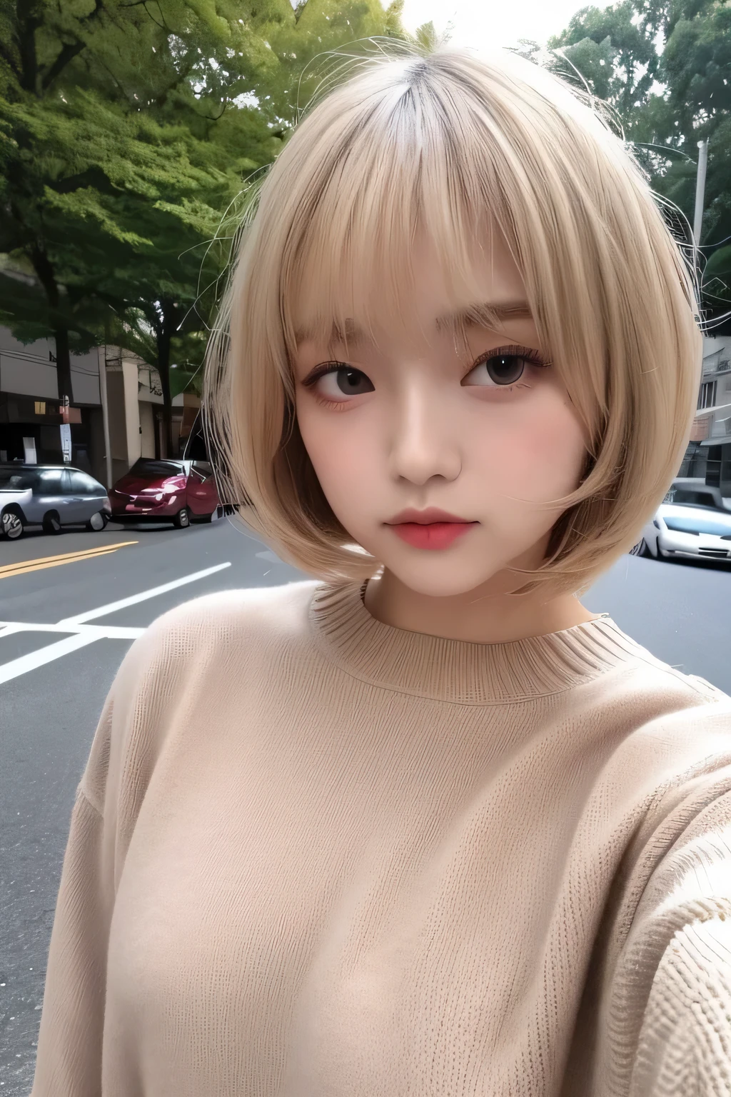 Photo of beautiful Japan slope idol woman、mine makeup、 Shibuya type、greedy, Faded blonde bob hairstyle、genuine、、slender small breasts、gal makeup、Dark red-eye makeup、Self snap、upper sight、wood grain、Winter clothes、sweater、long coat、baby face