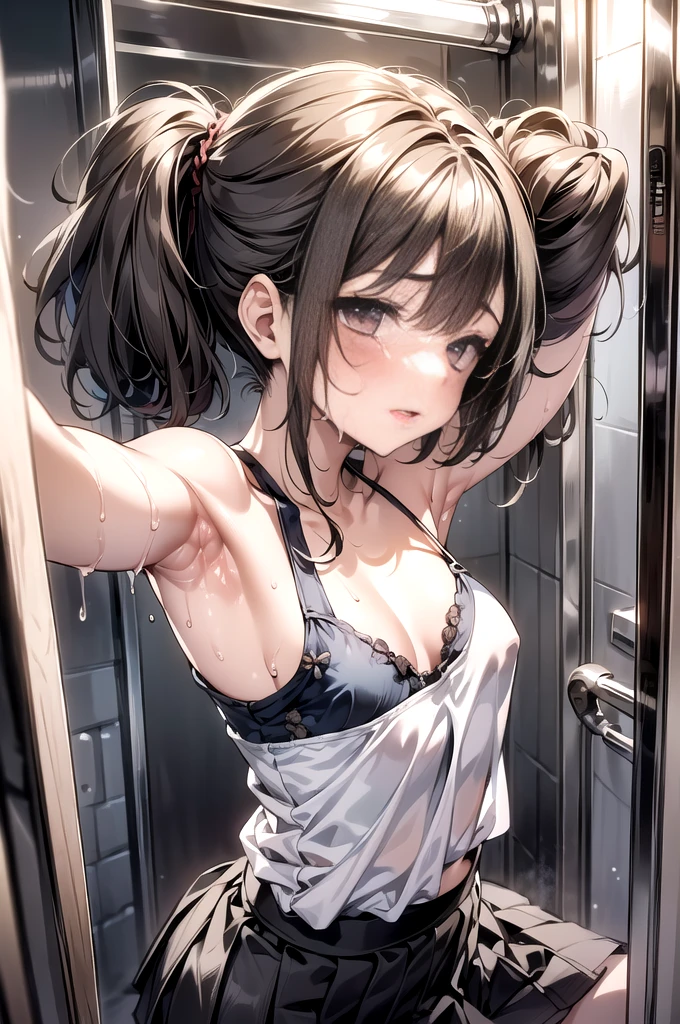 ((NSFW)),((((1 boy and 1girl are having sex)))),standing doggy, hug from behind、Raise your arms to show your armpits、prison、chained、18 year old beautiful woman, I'm half Russian and half Japanese、i have super white skin、(((Camisole-wearing)))、(((gray skirt)))、small breasts、( messy brown short hair),she has very nice skinny legs, sexual climax, ,heavy breathing, make cheeks red,body is wet、((small breastsに射精))、sexual excitement