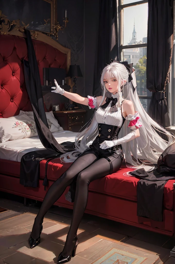 (((1 girl)),ray tracing,(dim lighting),[detailed background (bedroom)),((silver hair)),((silver hair)),(Fluffy silver hair, plump slender girl)) with high ponytail)))) Avoid blonde eyes in the ominous bedroom ((((Girl wears intricately embroidered black high-waisted pants with pantyhose) and white ruffled bow gloves), showing a delicate slim figure and graceful curves, correct limbs, sitting on the bed