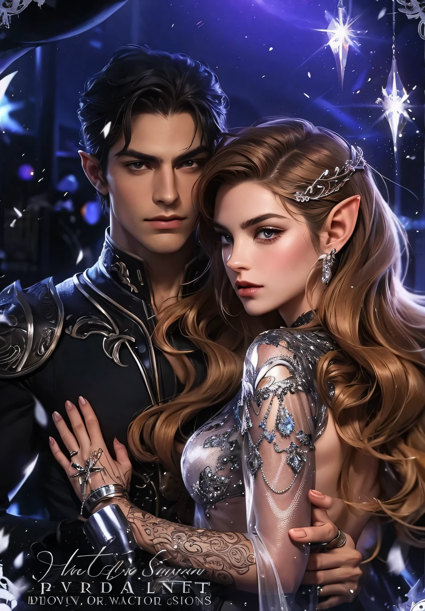 handsome man with dark hair, beautiful woman with long brown hair and pointy elf ears