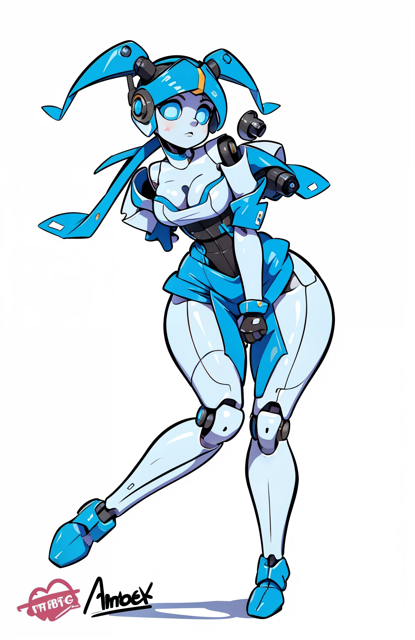 a drawing of a woman in a blue and white costume, beautiful female android!, retrofuturistic female android, gynoid cyborg body, fully robotic!! catgirl, gynoid body, beutiful white girl cyborg, as a retro futuristic heroine, female robot, beautiful cyborg girl pinup, female android, cute cyborg girl, perfect anime cyborg woman, sci-fi android female