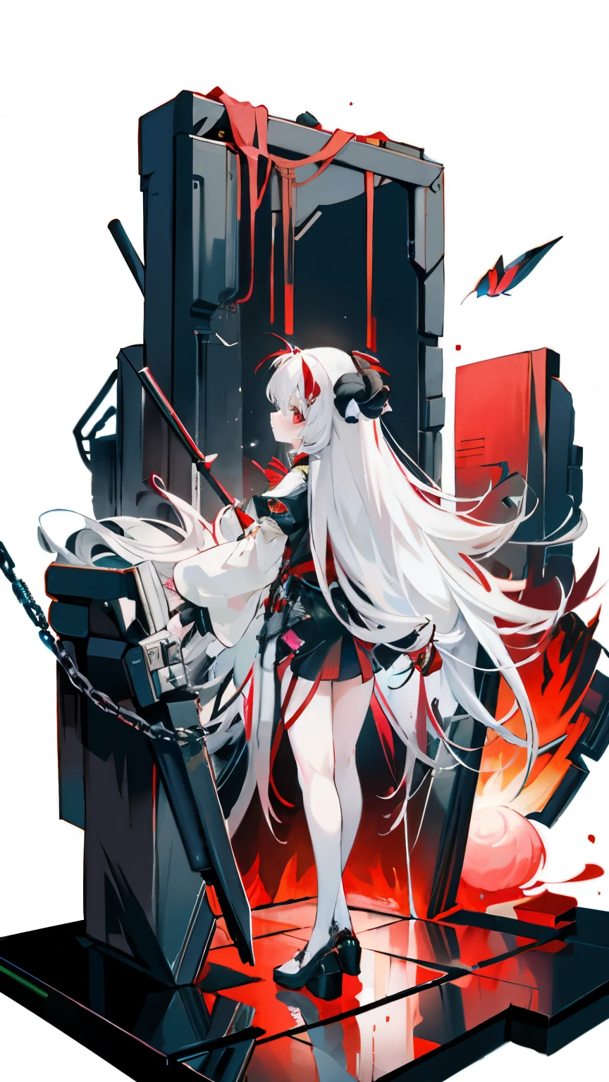 a girl，Sheep&#39;s horn, full color,  long white hair, Red眼睛 ，Eyeliner,  black transparent clothes, Red, open air, Rose, night, ruins, Butterfly，Rear view，Soaked，Mecha，stand