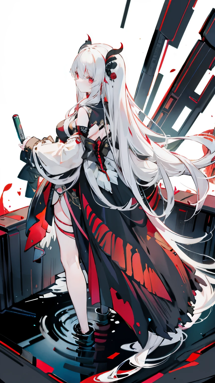 a girl，Sheep&#39;s horn, full color,  long white hair, Red眼睛 ，Eyeliner,  black transparent clothes, Red, open air, Rose, night, ruins, Butterfly，Rear view，Soaked，Mecha，stand