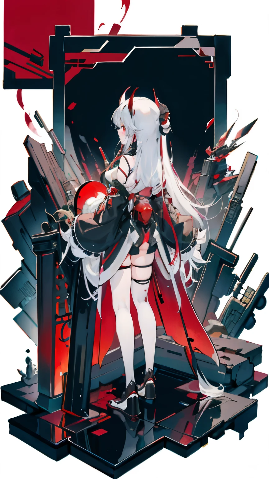 a girl，Sheep&#39;s horn, full color,  long white hair, Red眼睛 ，Eyeliner,  black transparent clothes, Red, open air, Rose, night, ruins, Butterfly，Rear view，Soaked，Mecha，stand