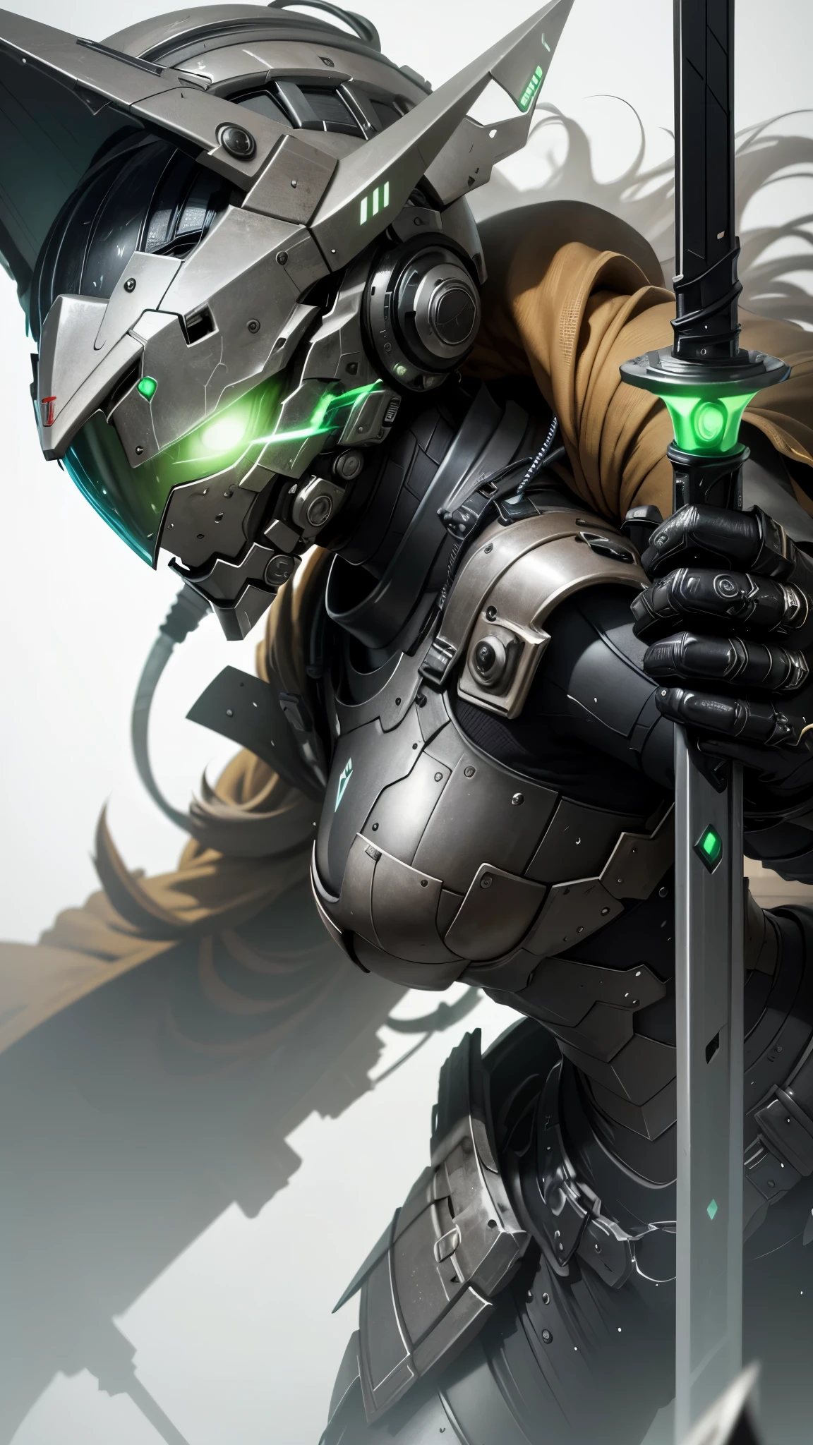 (UHD, retina, masterpiece, accurate, anatomically_correct, textured_skin, super_detail, high_details, high_quality, best_quality, high_res, 1080P, HD, 4K, 8k, 16k), soft_lighting, physically-based_rendering, vivid_colors, close-up, cyberpunk, glowing sword, glowing armor, green light,