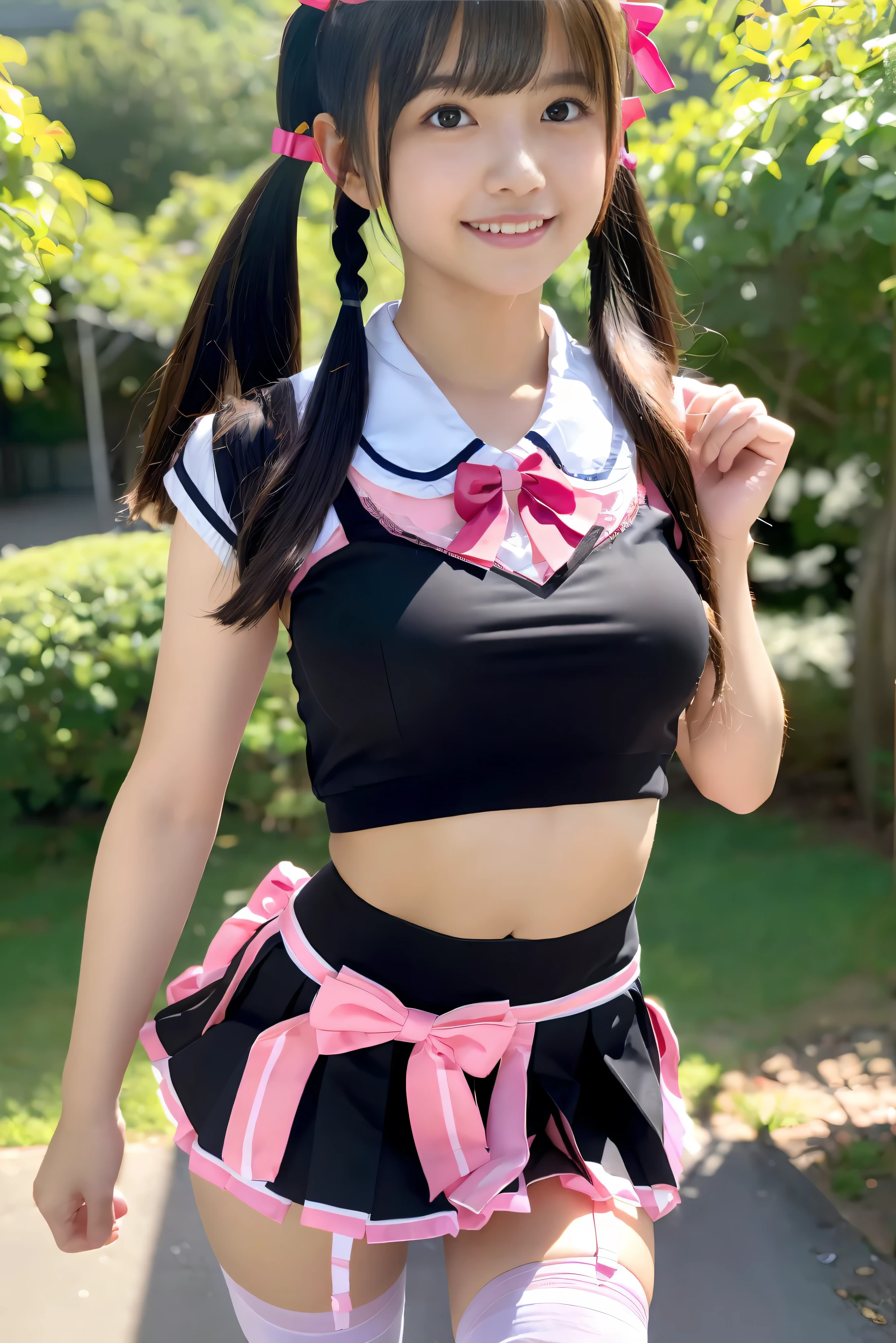 (Best Quality,4K,High resolution:1.2), Ultra-detailed, Realistic portrait, Best Quality, (outside japanese high school), (passionate scene),one very young looking high school girl, (intense emotion), (carp), (kiss:1.1), , (open eyes),(innocent look), student clothes, long black hair with bows and ribbons、Mini Pleated Skirt、(Stockings), standing, open mouth, (very big breasts), lingerie, pigtails, thin tiny waist, black and pink marching band uniform with bow, having fun, small body, big brown eyes, big cute smile, (full body, perfect long legs, looking up staring into camera, far away), (muscular lean abs, tight cropped blouse)