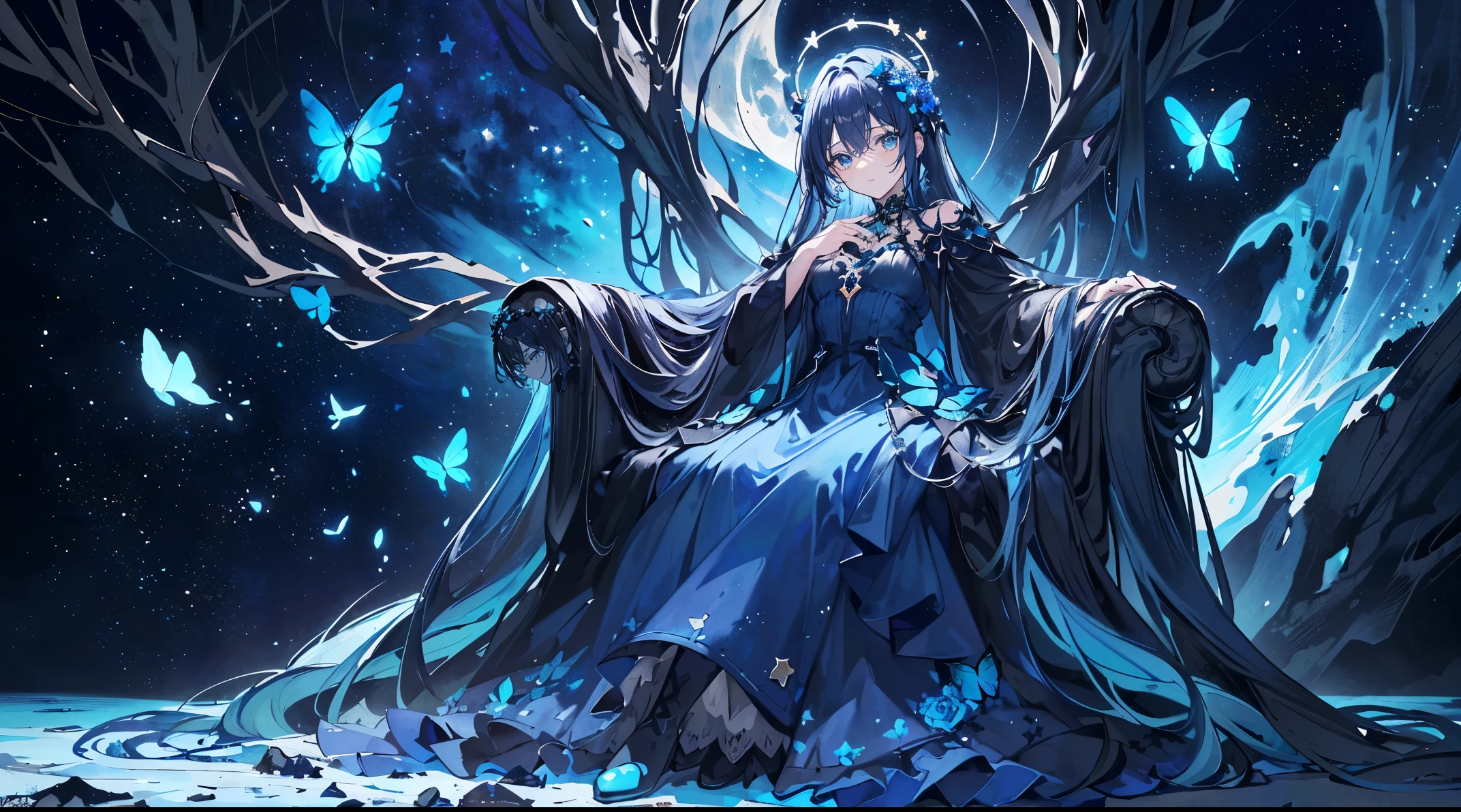 (Super detailed)),((illustration)),((masterpiece)),(((need))),((Beautifully、Highest Quality CG Unity 8K Wallpaperasterpiece),((4K,masterpiece,best quality)),Woman in her 20s sitting alone in the Milky Way,The river of stars surged under your feet,Long hair and waist,The outside of the hair dark blue and the inside sky blue,night sky,Hold your chin with your left hand,contemplative,The eyes were bleak,Slowly stretch your right hand forward,Dark blue boots,Delicatehands,ring,A flower crown worn on his head,Thorn crown,Surrounded by sea blue roses,An inverted cross behind the back,dark blue dress,The environment surrounded by many dark blue butterflies with strange patterns.,Star stickerlack hole,On the right the sun,On the left the moon,Full-body close-up perspective