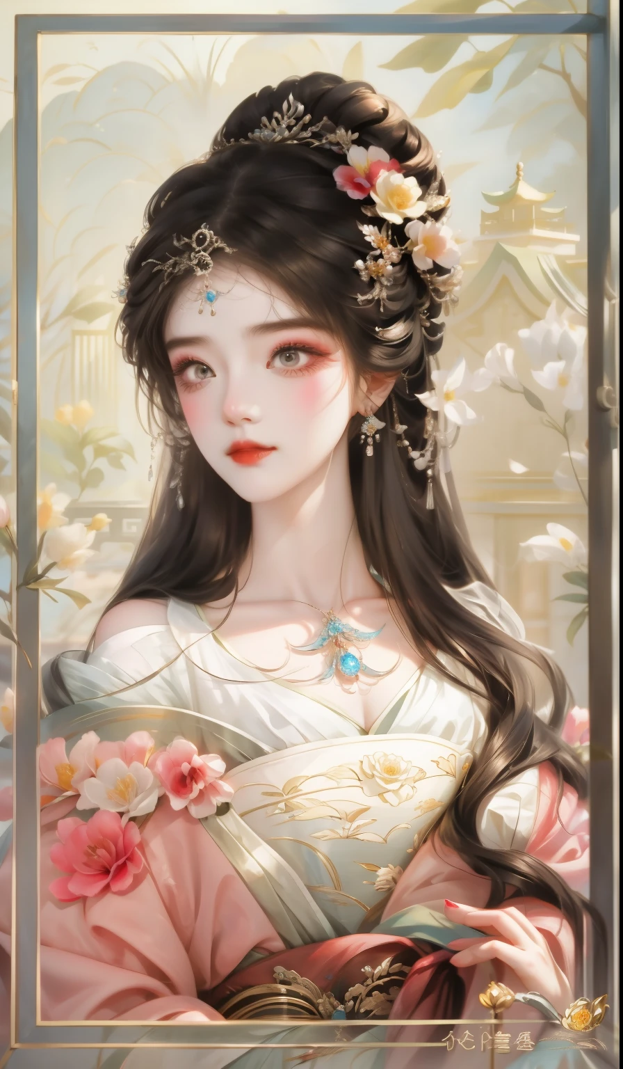 Close-up of woman with a flower in her hair, ((beautiful fantasy queen)), beautiful fantasy queen, beautiful figure painting, Inspired by Qiu Ying, ancient chinese princess, palace ， A girl wearing Hanfu, Hungry Ghost Festival, Inspired by Lan Ying, Inspired by Ma Yuanyu, Inspired by Tang Yifen