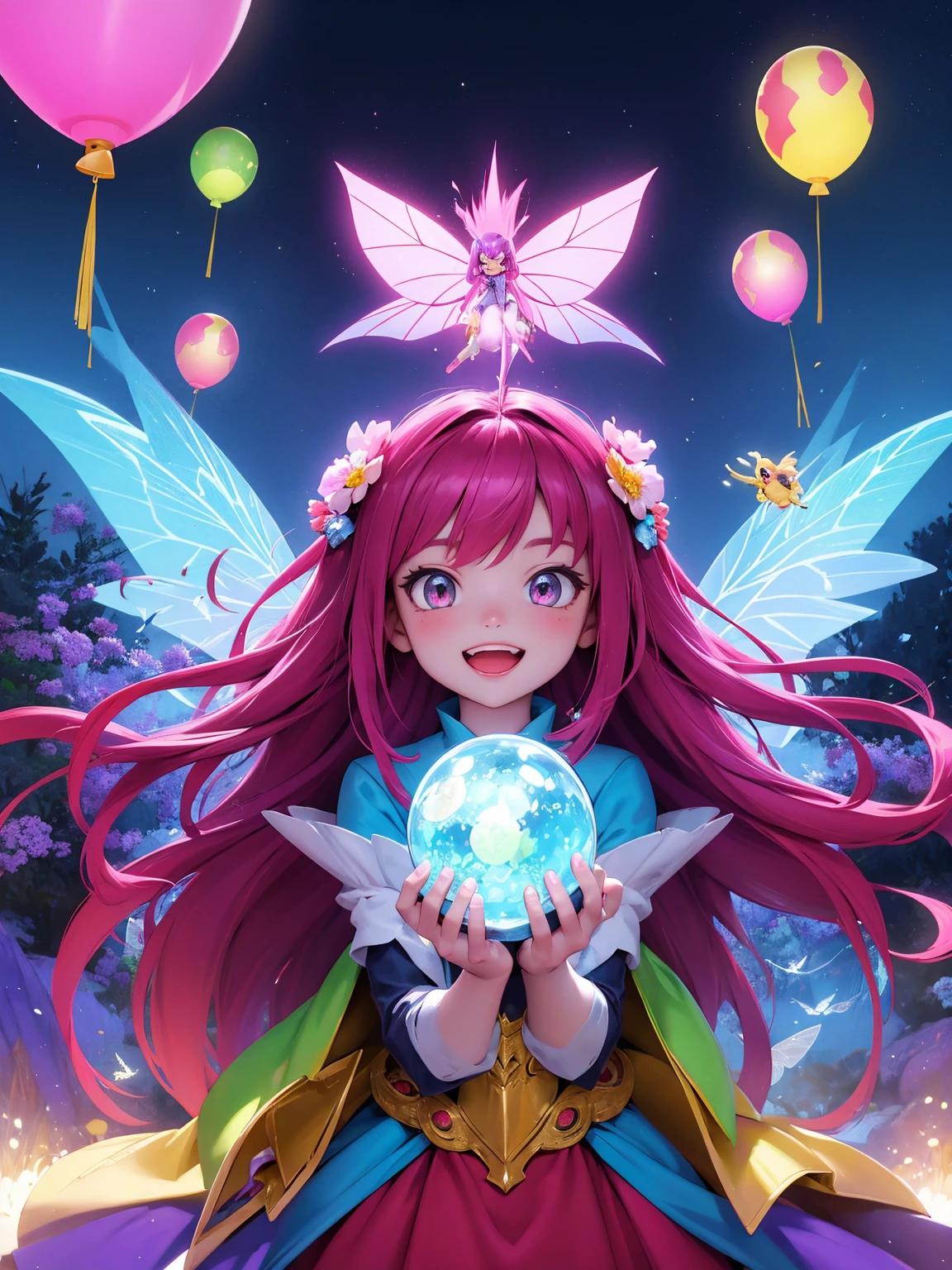 Digimon,having fun,1girl,illustration,colorful,vibrant lights,sparkling,detailed eyes,long hair,bright smile,playful pose,excited expression,towering trees,pixie dust,floating balloons,crystal clear water,butterflies,flowers,bubbly atmosphere,cute companions,fantasy world,magical adventure,best quality,ultra-detailed,realistic,photorealistic,portrait,vivid colors,daytime lighting