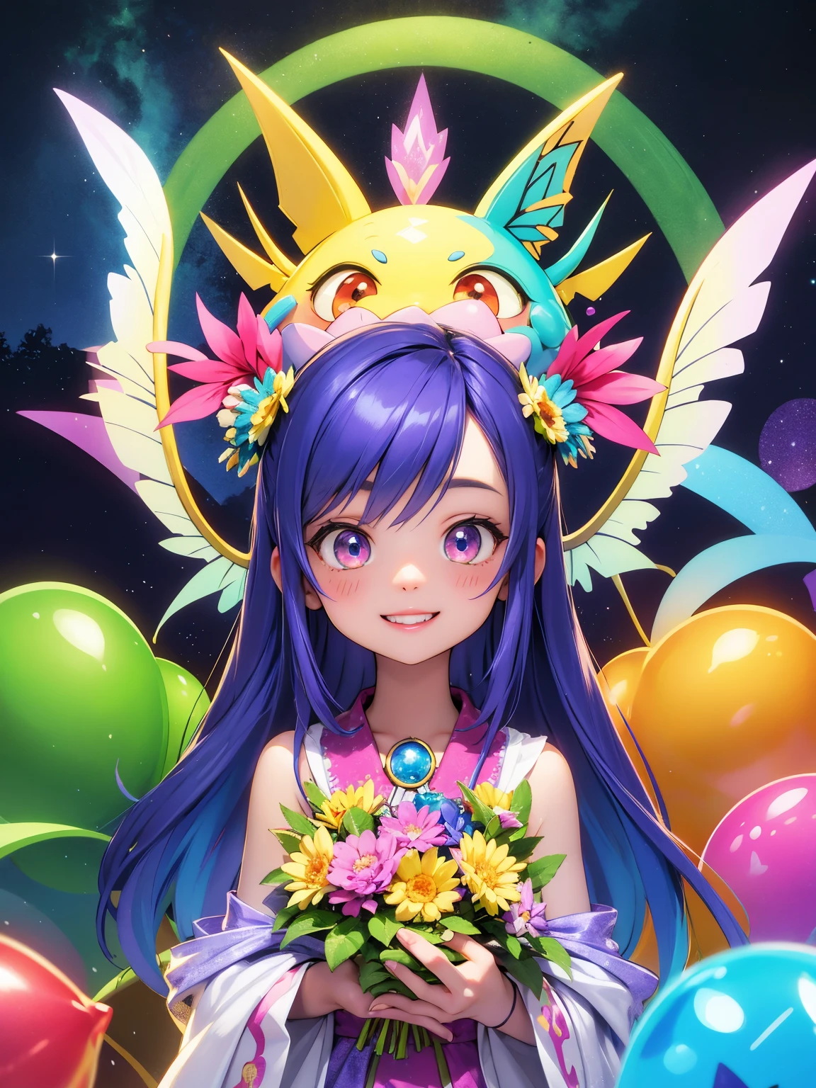 Digimon,having fun,1girl,illustration,colorful,vibrant lights,sparkling,detailed eyes,long hair,bright smile,playful pose,excited expression,towering trees,pixie dust,floating balloons,crystal clear water,butterflies,flowers,bubbly atmosphere,cute companions,fantasy world,magical adventure,best quality,ultra-detailed,realistic,photorealistic,portrait,vivid colors,daytime lighting