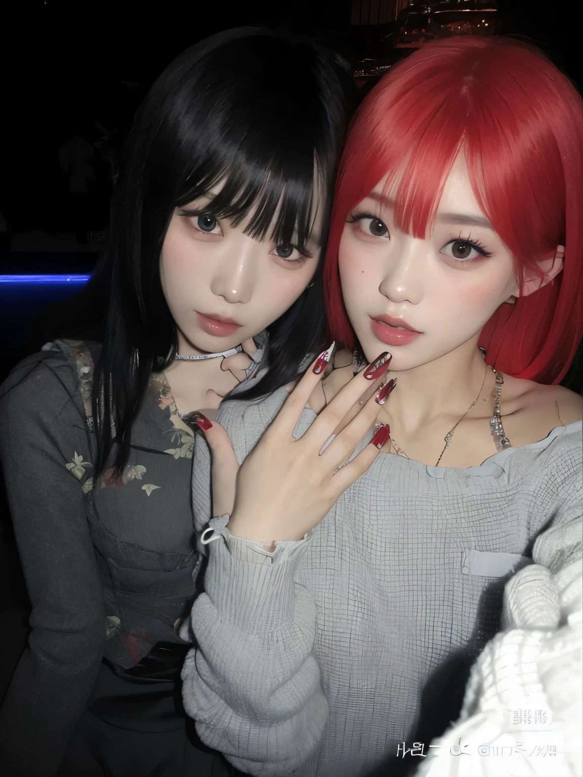 Two women with red hair and black nails posing for a photo., yoshitomo nara y aya takano, Ayami Kojima y Lyde Caldwell, ulzzang, nixeu y sakimichan, son pixivs y junji, Contactos rojos, [ foto realista ]!!, dos hermosas chicas anime, el corte de hime, con negro