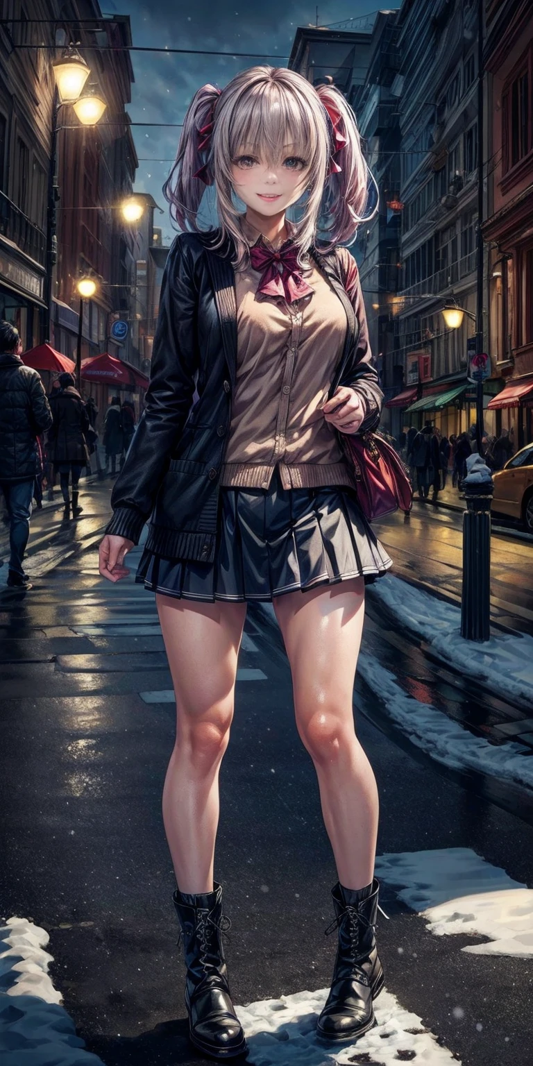 (masterpiece:1.2), best quality, highres, original, (extremely detailed:1.2), ultra-detailed, wallpaper, perfect lighting,(extremely detailed CG:1.2), 8k, anime illustration, 1girl, solo, smiling, (winter outfit:1.2), standing on the street, (knit cardigan:1.1), (bowknot on cardigan:1.25), knee-length skirt, (Ruffled hemline:1.3), winter boots, {delicate|detailed}clothes, (anatomically correct:1.34), close-up, full-body, looking at viewer, frontal, snowy street, (streetlight:1.17), city background, night, unity 4k