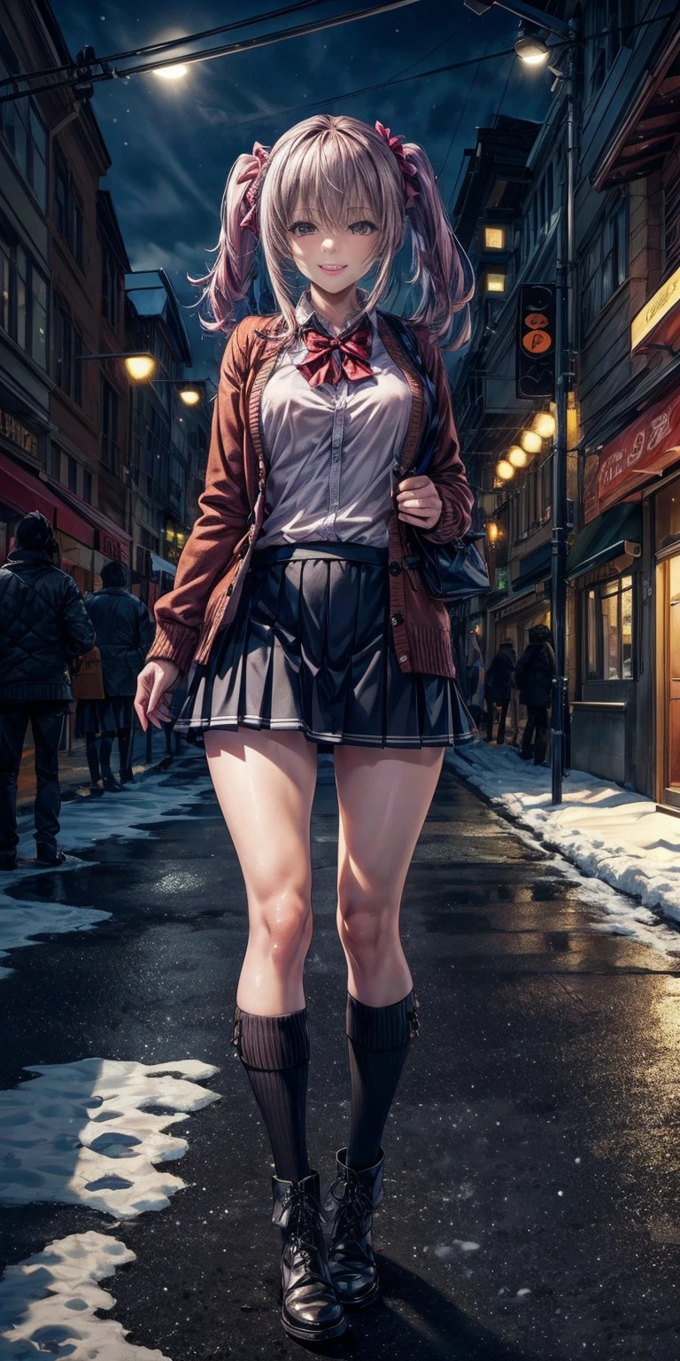 (masterpiece:1.2), best quality, highres, original, (extremely detailed:1.2), ultra-detailed, wallpaper, perfect lighting,(extremely detailed CG:1.2), 8k, anime illustration, 1girl, solo, smiling, (winter outfit:1.2), standing on the street, (knit cardigan:1.1), (bowknot on cardigan:1.25), knee-length skirt, (Ruffled hemline:1.3), winter boots, {delicate|detailed}clothes, (anatomically correct:1.34), close-up, full-body, looking at viewer, frontal, snowy street, (streetlight:1.17), city background, night, unity 4k