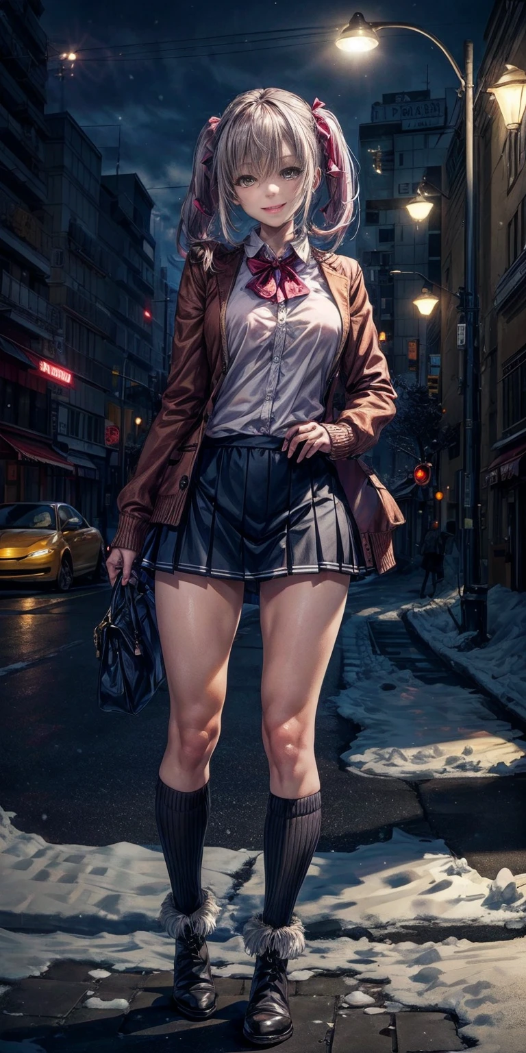 (masterpiece:1.2), best quality, highres, original, (extremely detailed:1.2), ultra-detailed, wallpaper, perfect lighting,(extremely detailed CG:1.2), 8k, anime illustration, 1girl, solo, smiling, (winter outfit:1.2), standing on the street, (knit cardigan:1.1), (bowknot on cardigan:1.25), knee-length skirt, (Ruffled hemline:1.3), winter boots, {delicate|detailed}clothes, (anatomically correct:1.34), close-up, full-body, looking at viewer, frontal, snowy street, (streetlight:1.17), city background, night, unity 4k