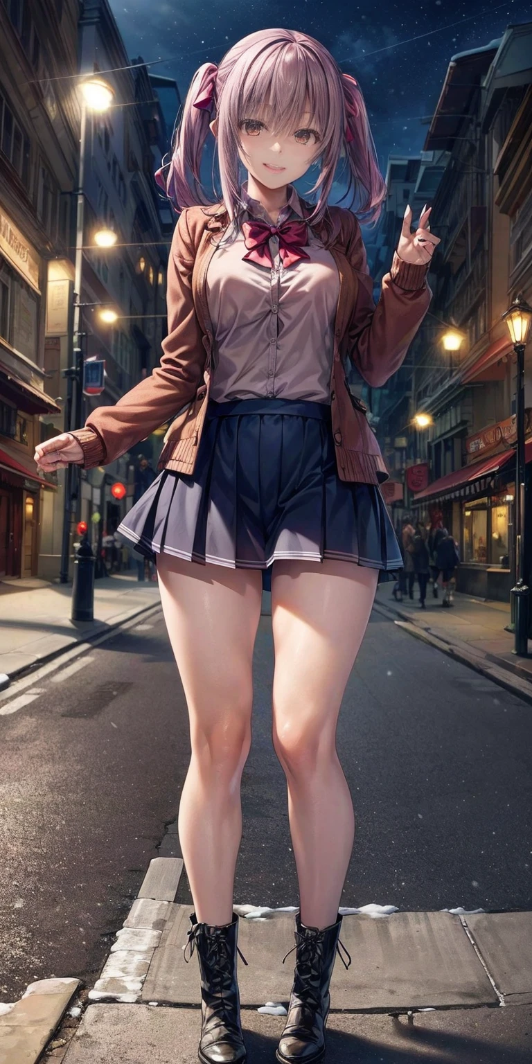 (masterpiece:1.2), best quality, highres, original, (extremely detailed:1.2), ultra-detailed, wallpaper, perfect lighting,(extremely detailed CG:1.2), 8k, anime illustration, 1girl, solo, smiling, (winter outfit:1.2), standing on the street, (knit cardigan:1.1), (bowknot on cardigan:1.25), knee-length skirt, (Ruffled hemline:1.3), winter boots, {delicate|detailed}clothes, (anatomically correct:1.34), close-up, full-body, looking at viewer, frontal, snowy street, (streetlight:1.17), city background, night, unity 4k
