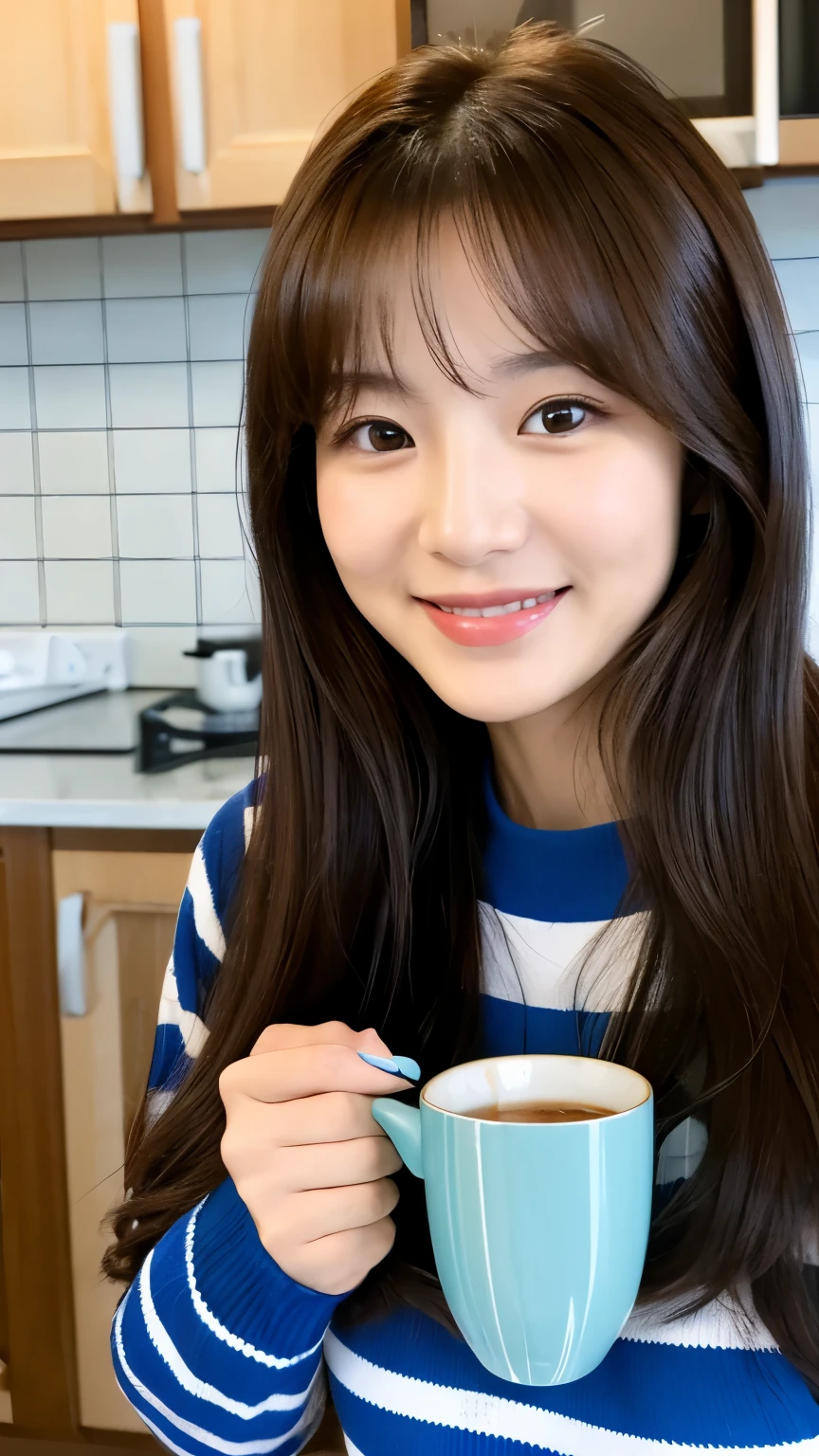 UHD, Extreme close-up of cute Korean female,Chest size 32 inches, straight medium hair, hazel eyes, slightly smile, wearing blue striped nightgown, sitting in kitchen with coffee mug, blurred background