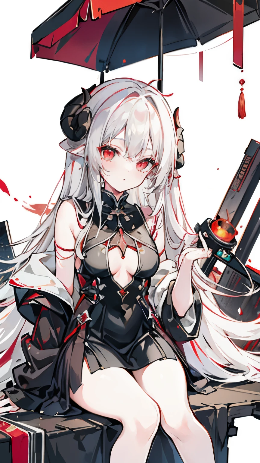 a girl,Sheep's horn, full color, long white hair, Red眼睛 ,Eyeliner, black transparent clothes, Red, open air, Rose, night, ruins, Butterfly,Soaked,Mecha,sitting,Legs close-up,up-close