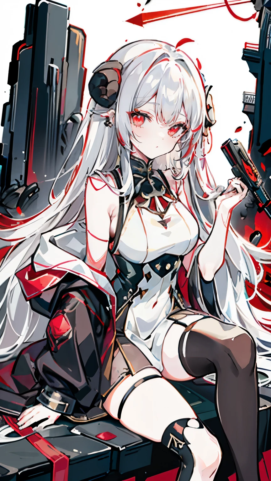 a girl,Sheep's horn, full color, long white hair, Red眼睛 ,Eyeliner, black transparent clothes, Red, open air, Rose, night, ruins, Butterfly,Soaked,Mecha,sitting,Legs close-up,up-close