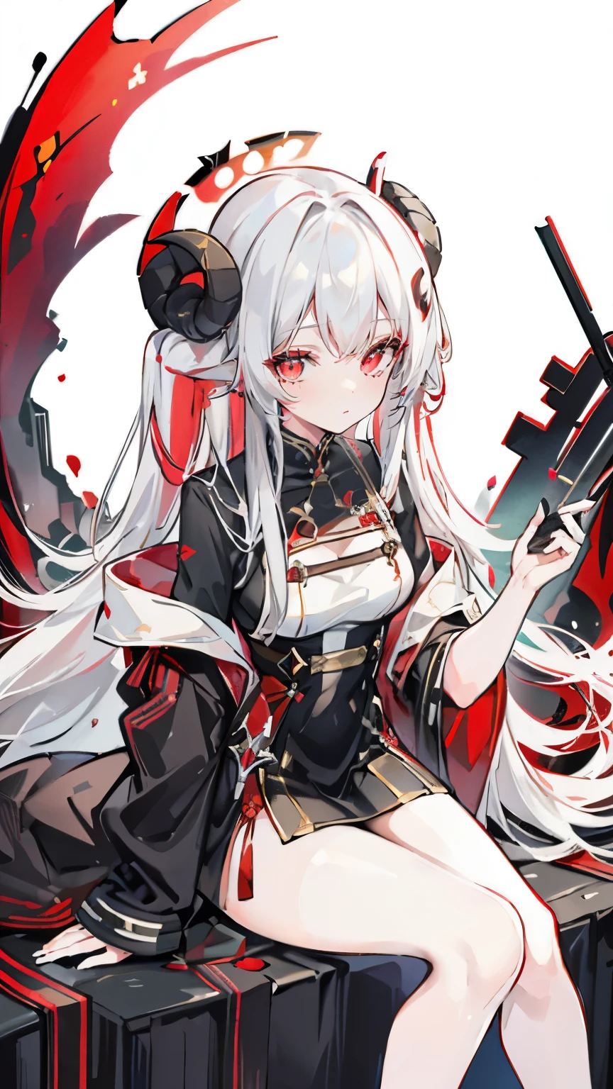 a girl，Sheep&#39;s horn, full color,  long white hair, Red眼睛 ，Eyeliner,  black transparent clothes, Red, open air, Rose, night, ruins, Butterfly，Soaked，Mecha，sitting，Legs close-up，up-close