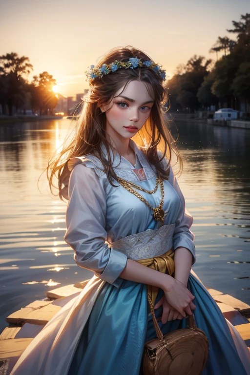 20-year-old woman in Ukrainian costume Corolla wreath wearing wreath on head Blue eyes River and blue sky in background Realistic illustration of afternoon light sunset