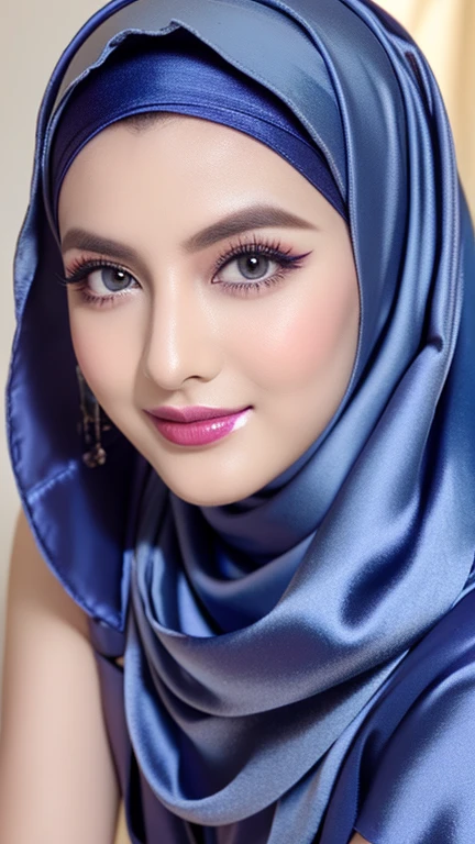 Masterpiece, realistic, best quality, best lighting, 1 pretty girl with angelic face, ((full body photo shot head to toe)), beautifully makeup, eyeshadow, Parted Lips, Detailed Eyes, beautiful big eyes, long eye lashes, smile, wearing ((Dark blue satin headscarf)), loosely tide hijab style, red plum dress, very big breast, cooking in the yard