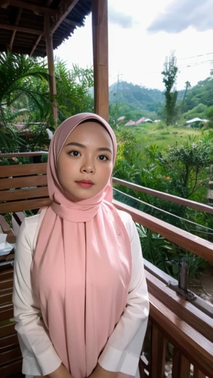 half body view, a malay woman named mira is wearing light pink shawl, outdoor, sexy pose, starry sky, firm round breasts, at night in a malay village, blackout, a single candle light illuminates the room, no interior lighting, dark ambient, masterpiece, 8K, absurdres