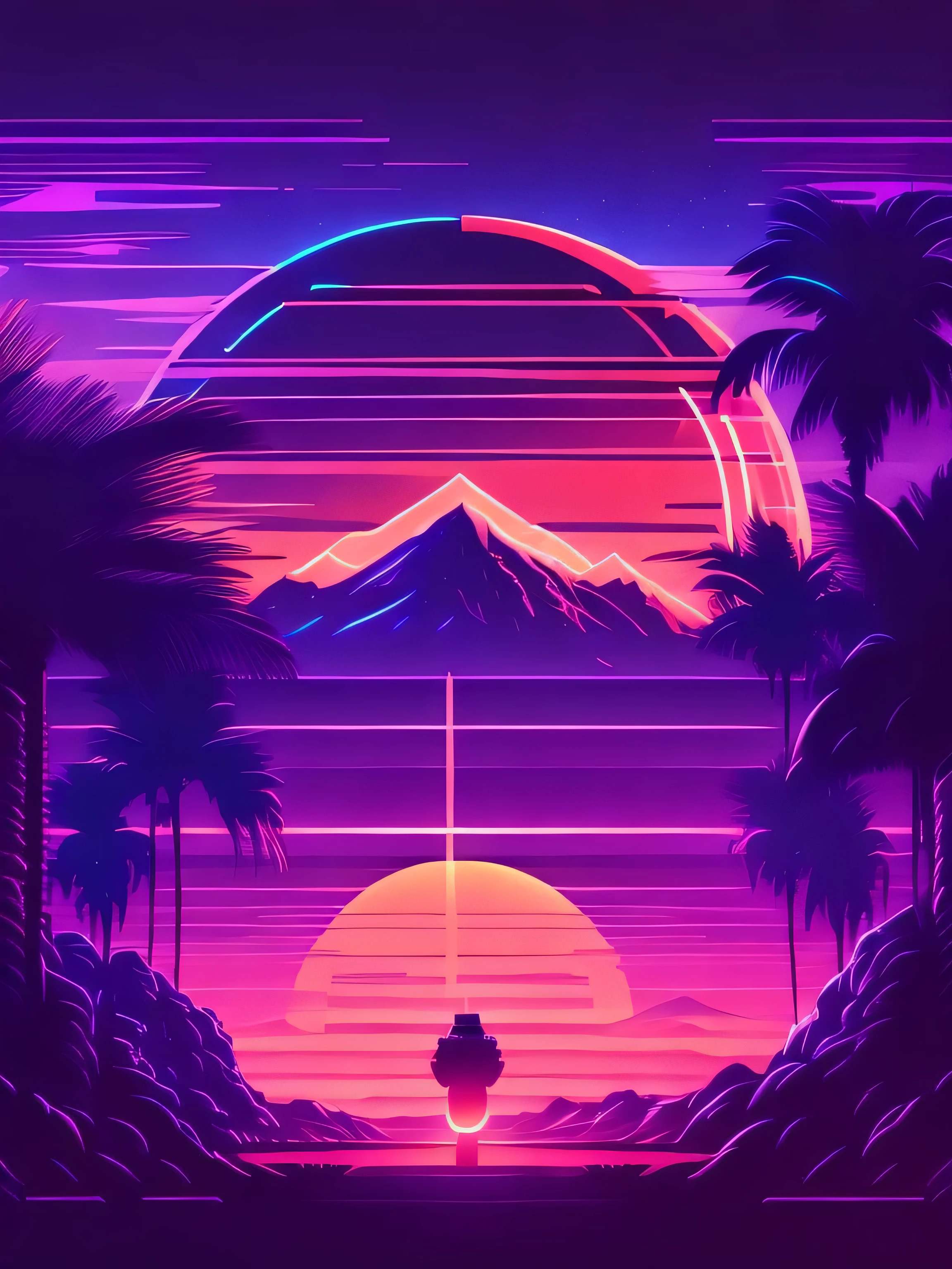 ((Best quality, 8K, Masterpiece: 1.4)),((Amazing detail: 1.3)),((illustration: 1.2)),((high resolution: 1.1)),tshirt design, rzminjourney, vector-art,synthwave style,sunset,palm,Grid ground,outrun style,dreamy,future style,