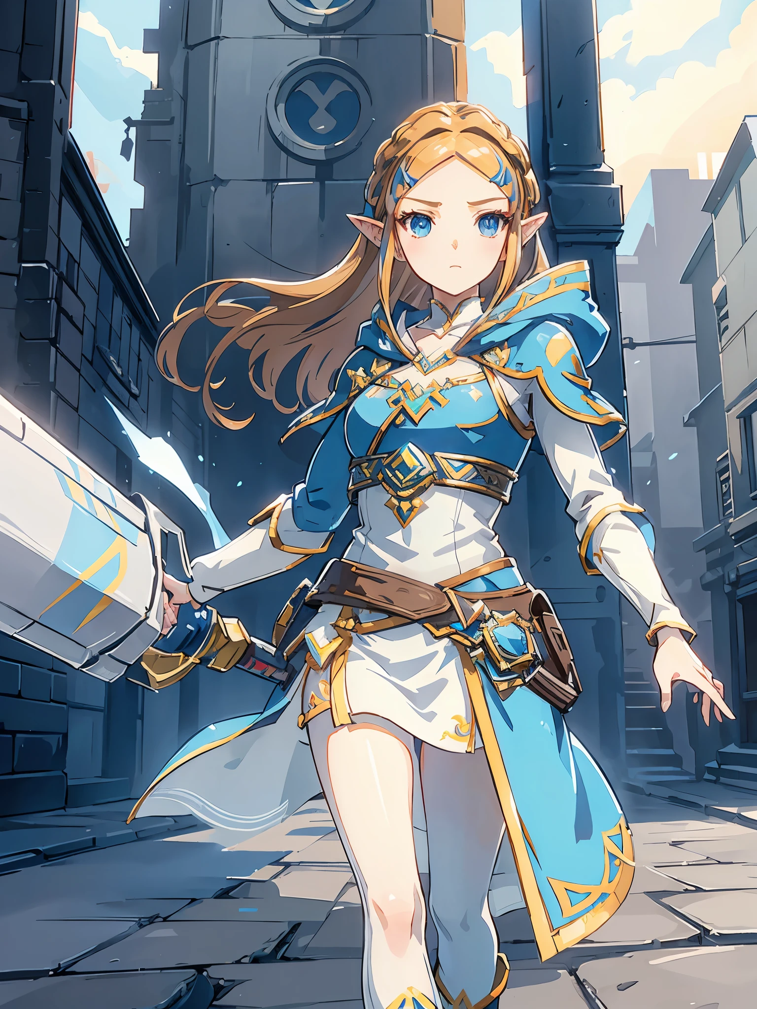 A full-body shot of Princess Zelda, brown hair, blue eyes, dressed as an Assassin from Assassins Creed, in white+gold witha white mask and hood with gold details, XL bust, using a wrist blade. Background: A city during the renaissance period. Unreal Engine 5, Anime, Anime style, Masterpiece, Well drawn eyes, well drawn face, well detailed eyes, well detailed face, 8k, light and shadow effect.  