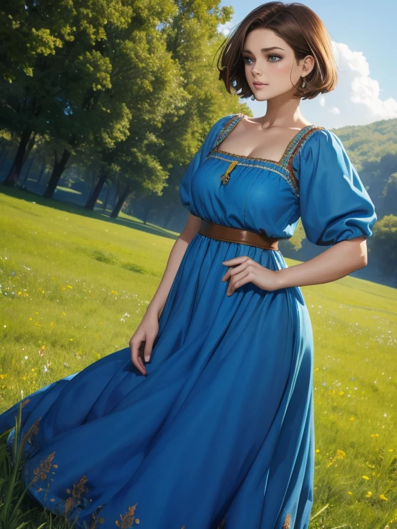 Beautiful woman with short brown hair blue eyes perfect body in peasant dress on the meadow 