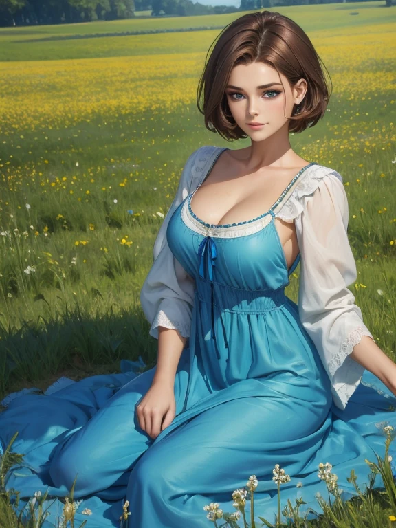 Beautiful woman with short brown hair blue eyes perfect body in peasant dress on the meadow 