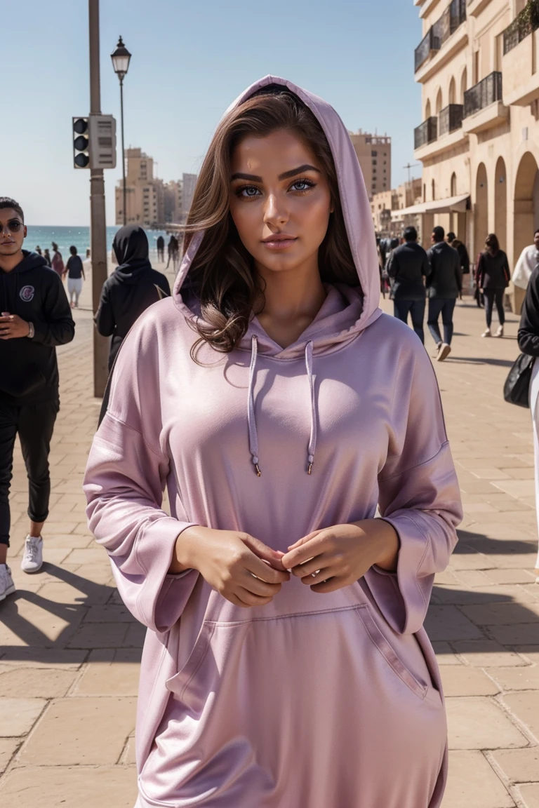 Instagram-Models posieren in corniche of Casablanca, in a pop culture kaftan hoodie, full entire body, beautiful detailed eyes, beautifully detailed lips, extremely detailed eyes and face, kurzes, welliges rosa Haar ((best qulaity)), ((Meisterwerk)), (detailliert), perfektes Gesicht, full entire body