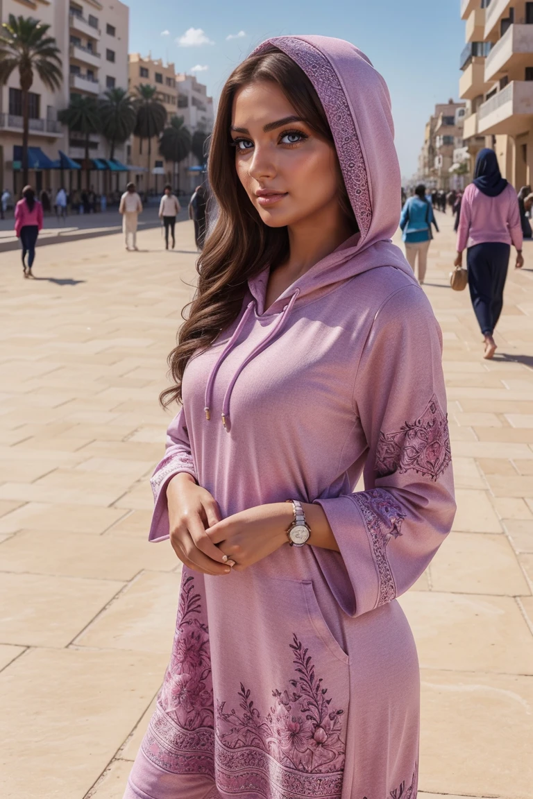 Instagram-Models posieren in corniche of Casablanca, in a pop culture kaftan hoodie, full entire body, beautiful detailed eyes, beautifully detailed lips, extremely detailed eyes and face, kurzes, welliges rosa Haar ((best qulaity)), ((Meisterwerk)), (detailliert), perfektes Gesicht, full entire body