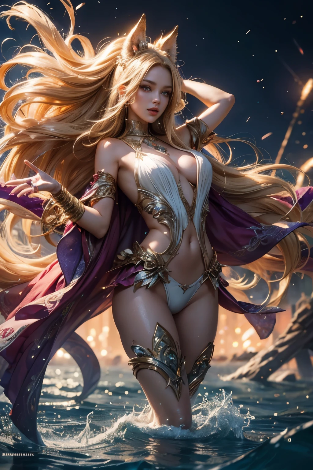 photorealistic, cinematic, (full body close-up), factral color filter, ultra realistic, ultra detailed and visually rich, full art illustration, ahri league of legends, fox, big blonde hair, detailed eyes, created with style festival, party, colorful fireworks explosion of colors, summer, enjoying summer,(((candid photography))), bright and enchanting, lights, details, water, neon, warm, peace of mind and illuminated, details rich in depth of field, subtle colors, fantastic party kingdom, extremely detailed, ultra sharp focus, particles of light, attention to detail, vast opening world, grandeur and awe, cinematic, stunning visual masterpiece, double exposure, photorealistic, scene cinematic, highest quality, 32k, octane rendering, (dynamic motion), dynamic pose, real graphics engine v5