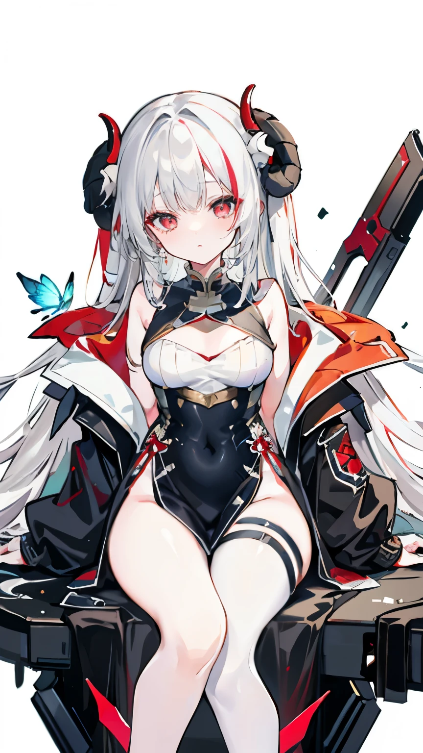 a girl，Sheep&#39;s horn, full color,  long white hair, Red眼睛 ，Eyeliner,  black transparent clothes, Red, open air, Rose, night, ruins, Butterfly，Soaked，Mecha，sitting，close up，up-close，Open the legs