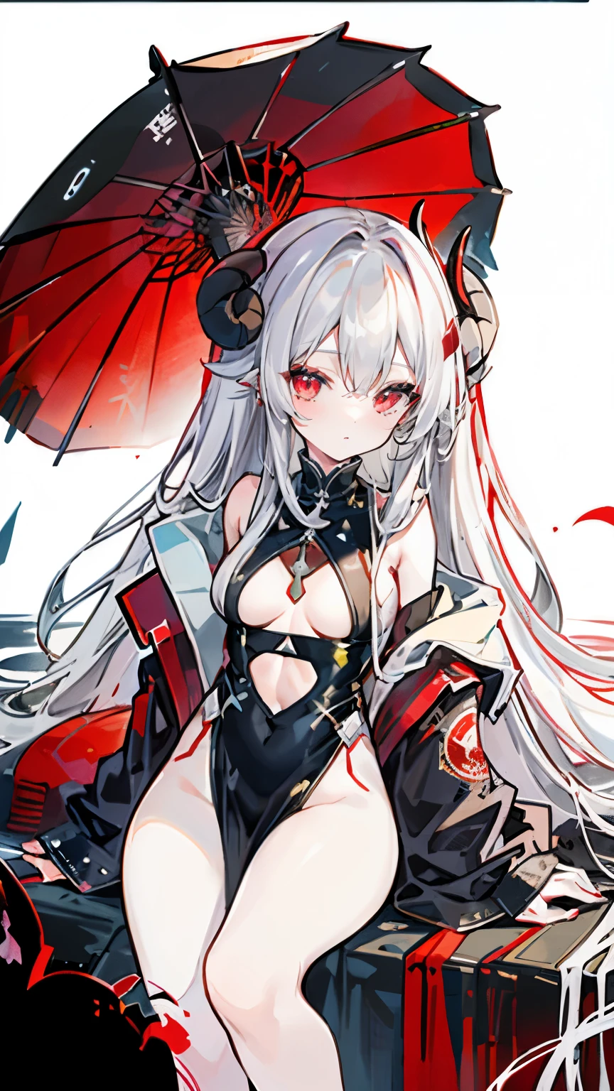 a girl，Sheep&#39;s horn, full color,  long white hair, Red眼睛 ，Eyeliner,  black transparent clothes, Red, open air, Rose, night, ruins, Butterfly，Soaked，Mecha，sitting，close up，up-close，Open the legs