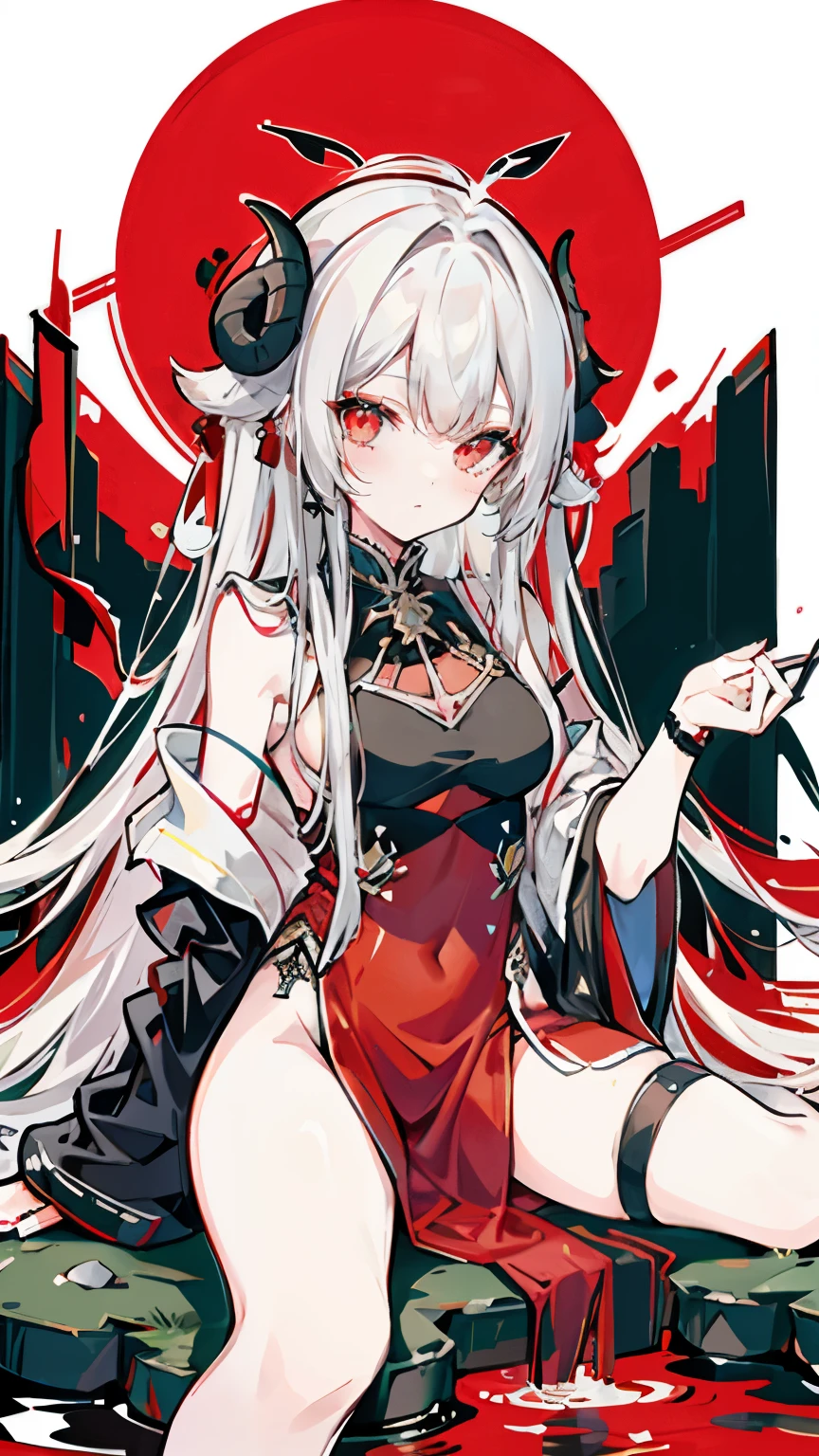 a girl，Sheep&#39;s horn, full color,  long white hair, Red眼睛 ，Eyeliner,  black transparent clothes, Red, open air, Rose, night, ruins, Butterfly，Soaked，Mecha，sitting，close up，up-close，Open the legs