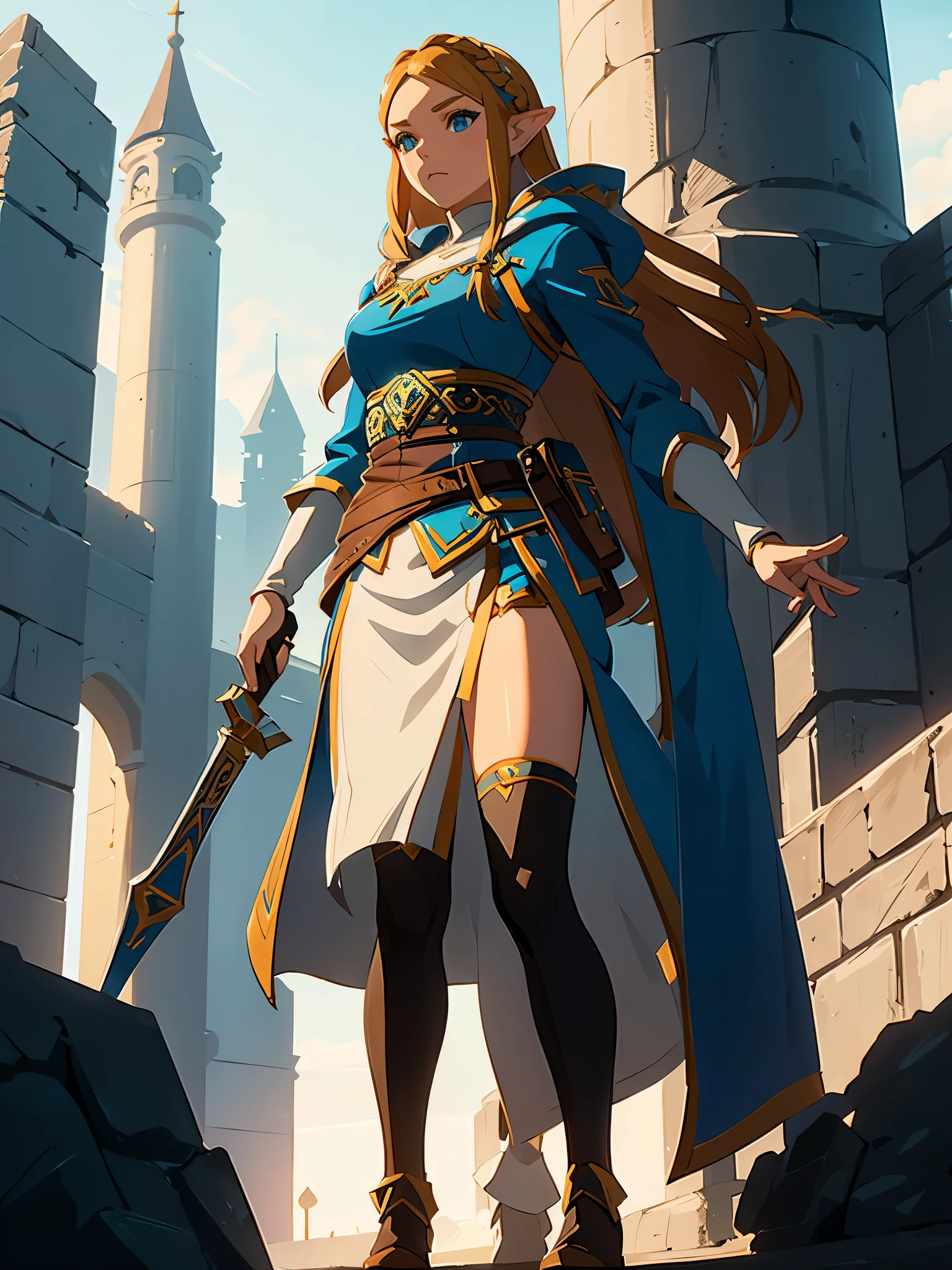 A full-body shot of Princess Zelda, brown hair, blue eyes, dressed as an Assassin from Assassins Creed, in white+gold witha white mask and hood with gold details, XL bust, using a wrist blade. Background: A city during the renaissance period. Unreal Engine 5, Anime, Anime style, Masterpiece, Well drawn eyes, well drawn face, well detailed eyes, well detailed face, 8k, light and shadow effect.  