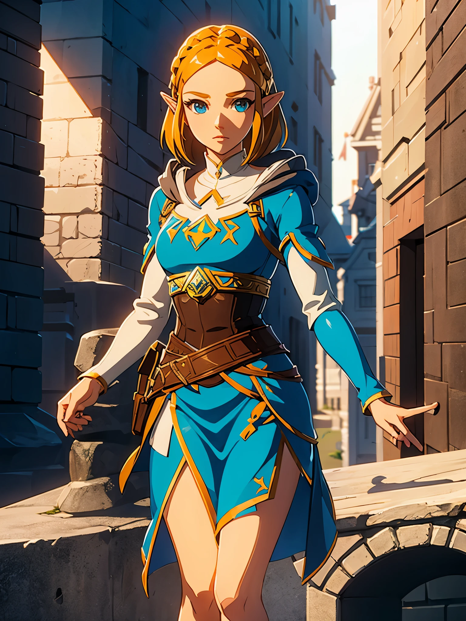 A full-body shot of Princess Zelda, brown hair, blue eyes, dressed as an Assassin from Assassins Creed, in white+gold witha white mask and hood with gold details, XL bust, using a wrist blade. Background: A city during the renaissance period. Unreal Engine 5, Anime, Anime style, Masterpiece, Well drawn eyes, well drawn face, well detailed eyes, well detailed face, 8k, light and shadow effect.  