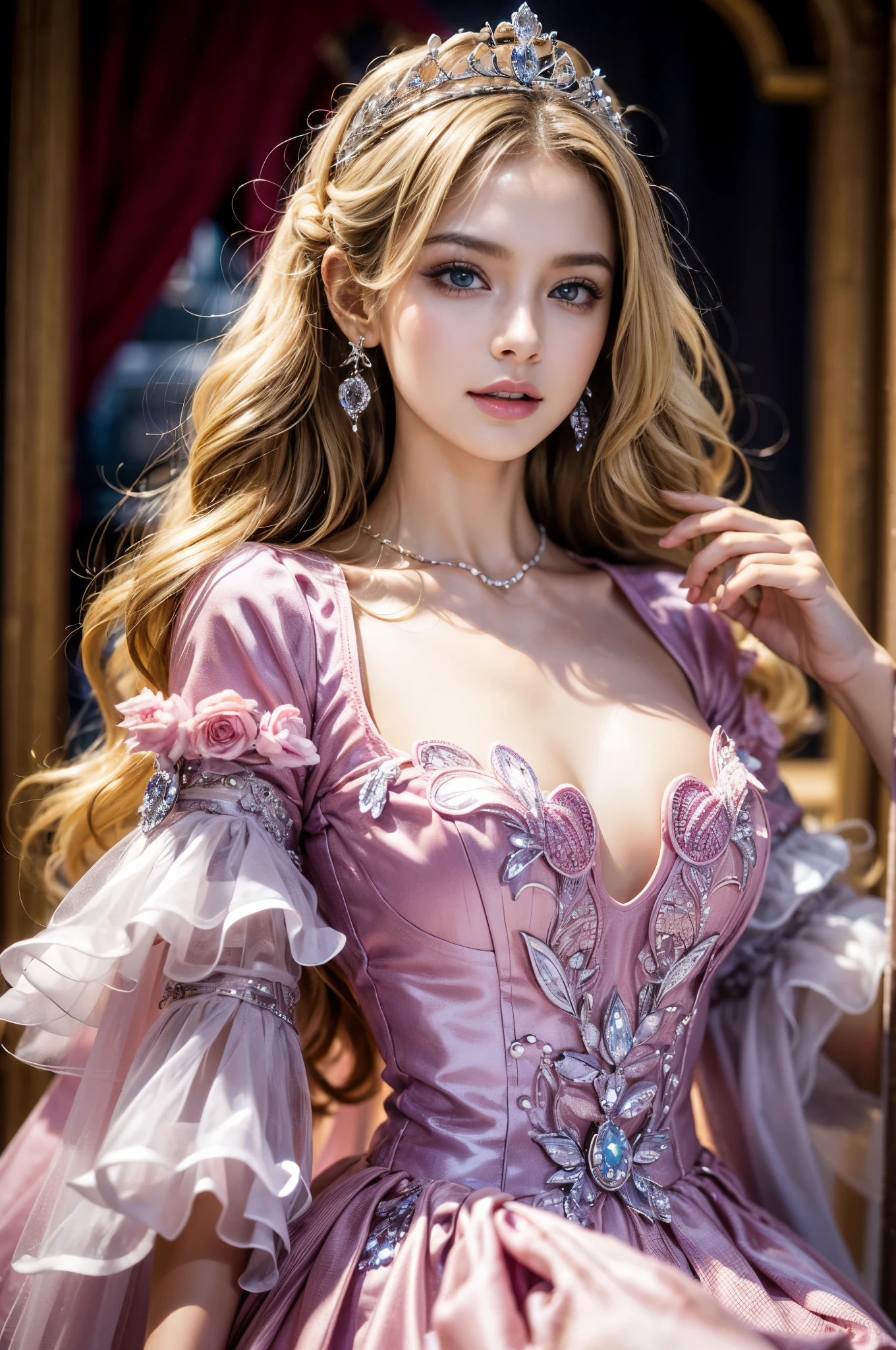 ((RAW shooting:1.5, realistic:1.5, 8K, highest quality, masterpiece, ultra high resolution)), Inside a luxurious British royal palace, professional camera work:1.3, Highly detailed skin and facial textures:1.3, glow light effect, Super detailed:1.3, 1 cute  British princess, Fair skin, Glossy skin, (elegant:1.4, small face), Ultimate Cute Face:1.5, (Eyes that give a sense of cleanliness:0.9, looking far away), smile:1.0, (mouth is slightly open:0.4, A mouth that feels clean:0.7), double eyelid, ((super long blonde curl hair)), tiara, necklace and earrings, ((elegantで光沢のあるサテンのプリンセスドレスをオフショルダーで正しく着こなす方法)), Breast size is big, cowboy shot