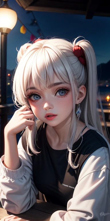Realista, 1 chica, pelo blanco y con la mita roja, ojos azules, ojos brillantes, top larga, falda larga, Labios partidos, rubor, noche, flores, sol, sollight,
