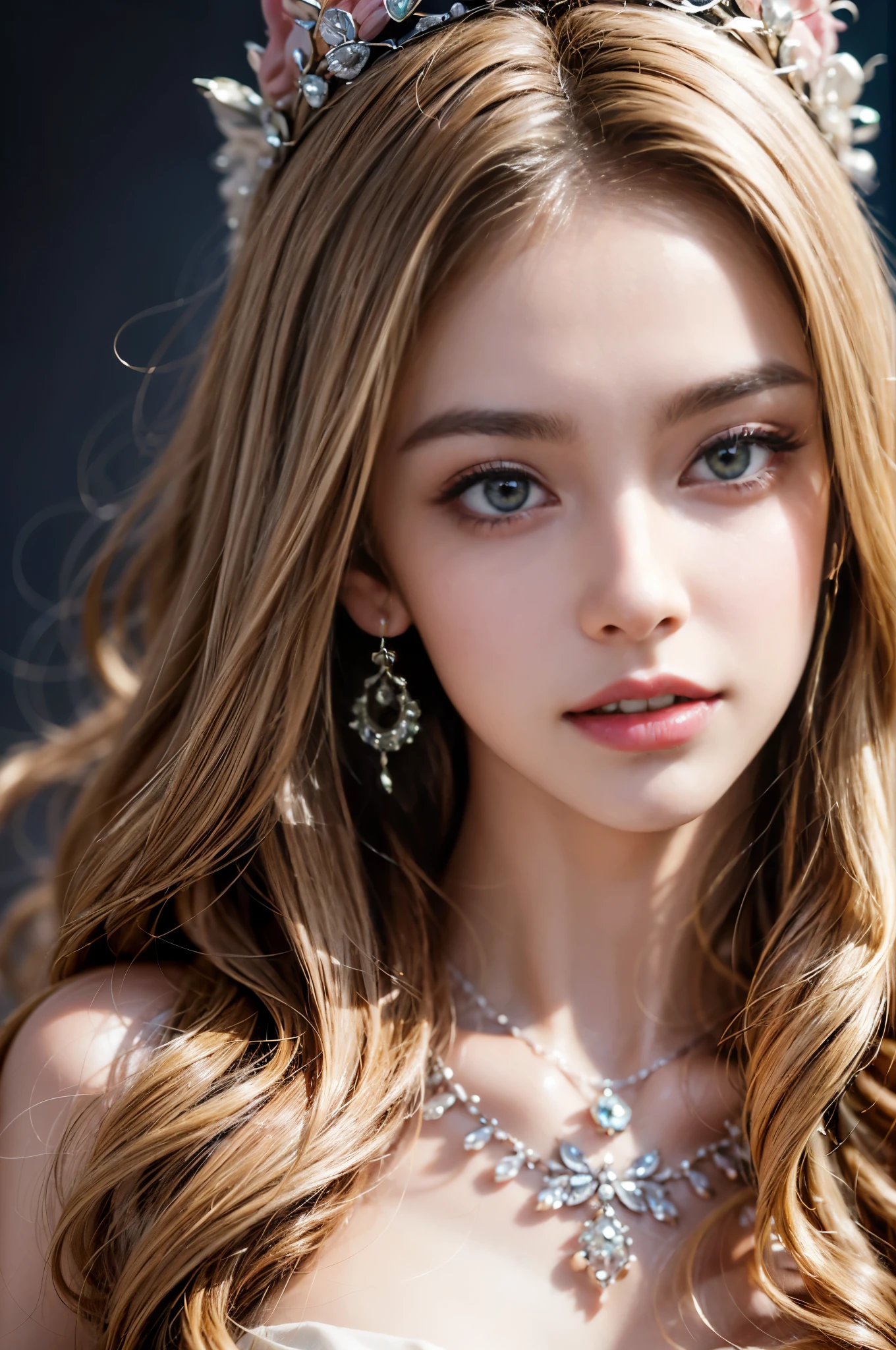 ((RAW shooting:1.5, realistic:1.5, 8K, highest quality, masterpiece, ultra high resolution)), Inside a luxurious British royal palace, professional camera work:1.3, Highly detailed skin and facial textures:1.3, glow light effect, Super detailed:1.3, 1 cute 15 year old British princess, Fair skin, Glossy skin, (elegant:1.4, small face), Ultimate Cute Face:1.5, (Eyes that give a sense of cleanliness:0.9, looking far away), smile:1.0, (mouth is slightly open:0.4, A mouth that feels clean:0.7), double eyelid, ((super long blonde curl hair)), tiara, necklace and earrings, ((elegantで光沢のあるサテンのプリンセスドレスをオフショルダーで正しく着こなす方法)), Breast size is big, cowboy shot