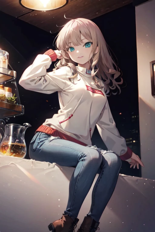 Namco Buds,Dynazenon Namco Buds, long hair(tea 9、Pink 1), highest quality, masterpiece, High resolution,at the same time, show viewer, Medium breasts,large size sweater,Short jeans,brown short boots,In town,smile,noon,sunny