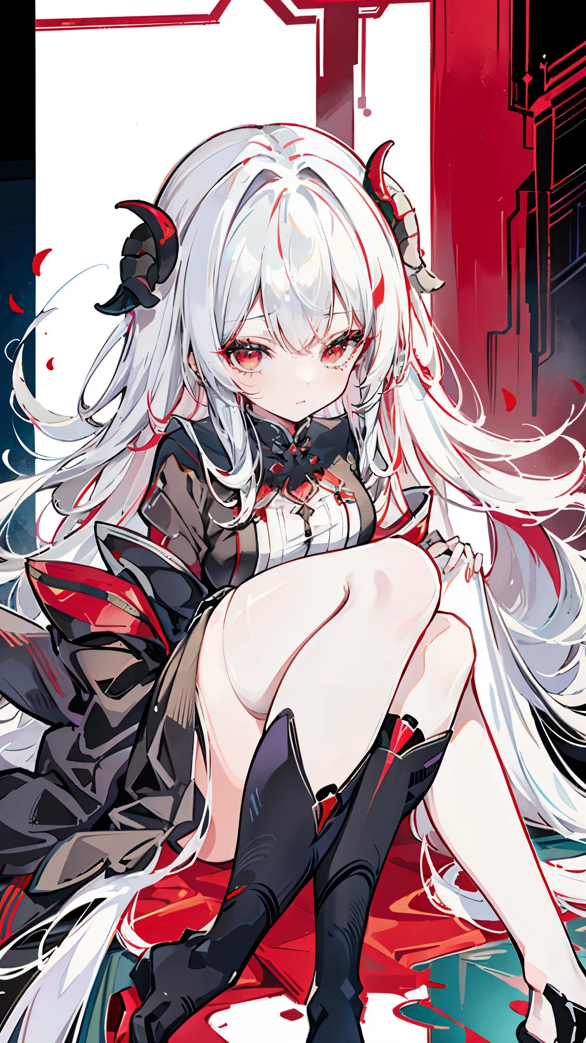 a girl，Sheep&#39;s horn, full color,  long white hair, Red眼睛 ，Eyeliner,  black transparent clothes, Red, open air, Rose, night, ruins, Butterfly，Soaked，Mecha，sitting，close up，up-close，spread legs，soles of feet