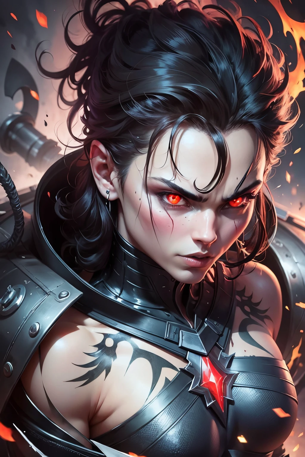 The Demon Lord looms in sinister grandeur, with glowing red eyes piercing through the darkness. His black, short hair appears wild and untamed, while his long claws create a menacing aura around him. His visage emanates an ominous power, striking fear into those who behold it. --auto --s2