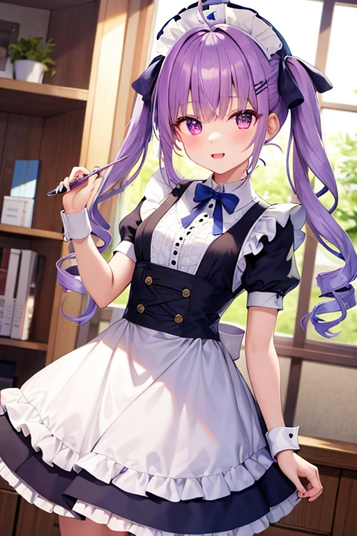 masterpiece、highest quality、1 girl、Virtual YouTuber、minato aqua、ronulti color hair、dress、twin tails、maid headdress、color the inner hair、purple eye、anchor symbol、blue hair ribbon、two tone hair、半袖レイドルdress、wrist cuff ribbon、bangs、drill hair、blue nails、twin drill、Puffy short sleeves、hair ribbon、purple hair、puffy sleeve、Ahoge、ankle cufflinks、dressリボン、maid rilled、nail polish、striped hair、white ribbon、cowboy shot