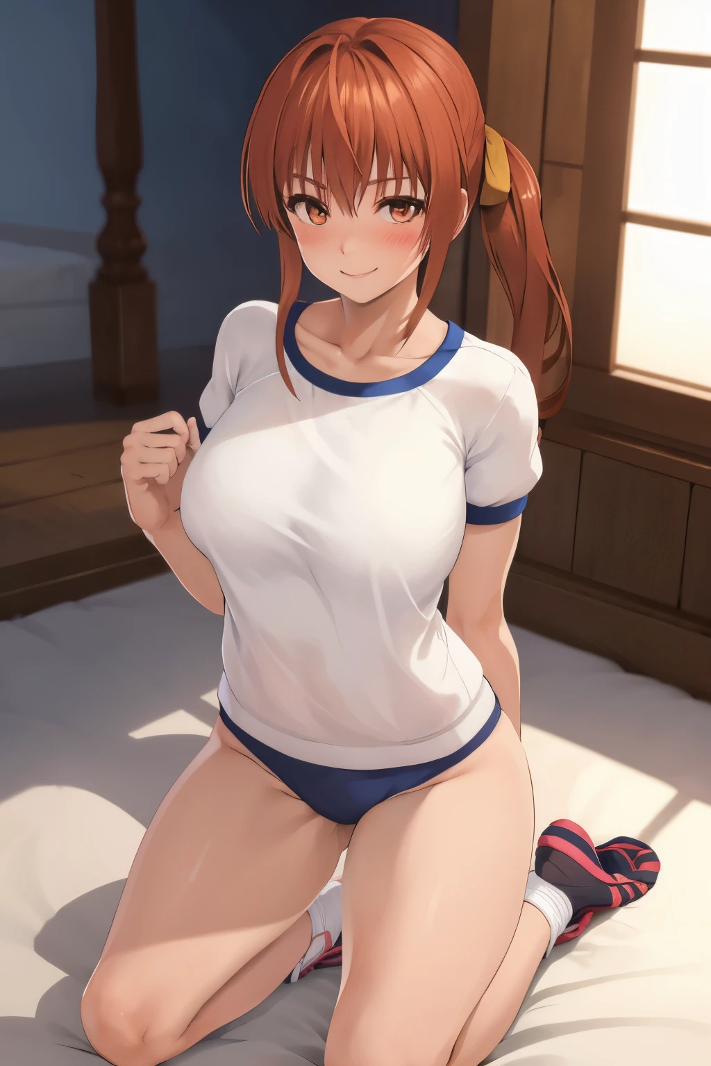 Kasumi, 1 girl, smile, blush, Bedroom,  Gym suit, bloomers, , Kneeling