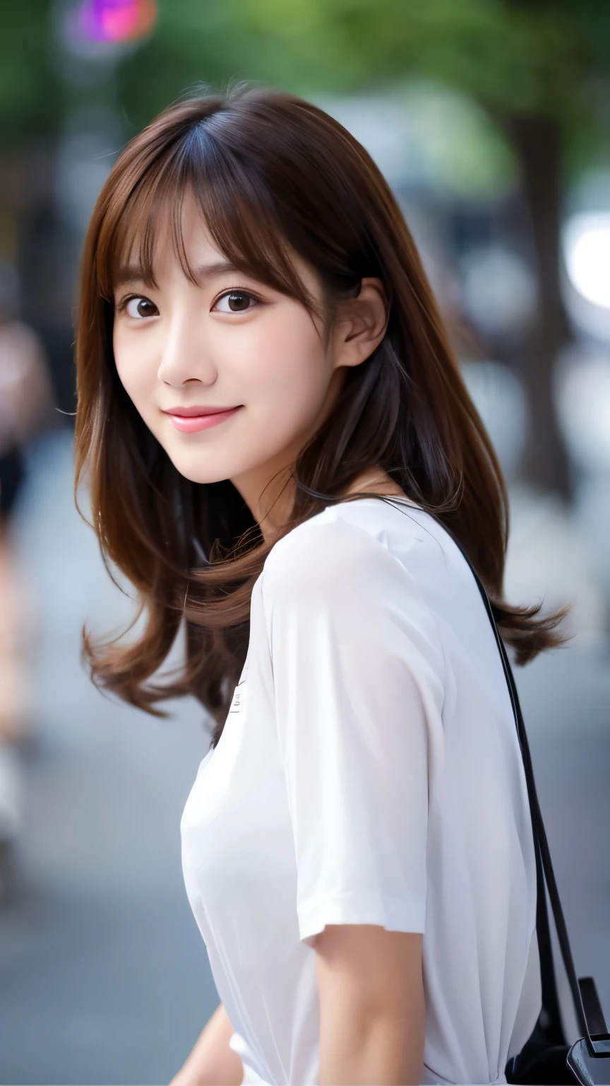UHD, Extreme close-up of cute Korean female,Chest size 32 inches, straight medium hair, gray eyes, slightly smile, sleevless shirt and pants, standalone in the city, blurred background