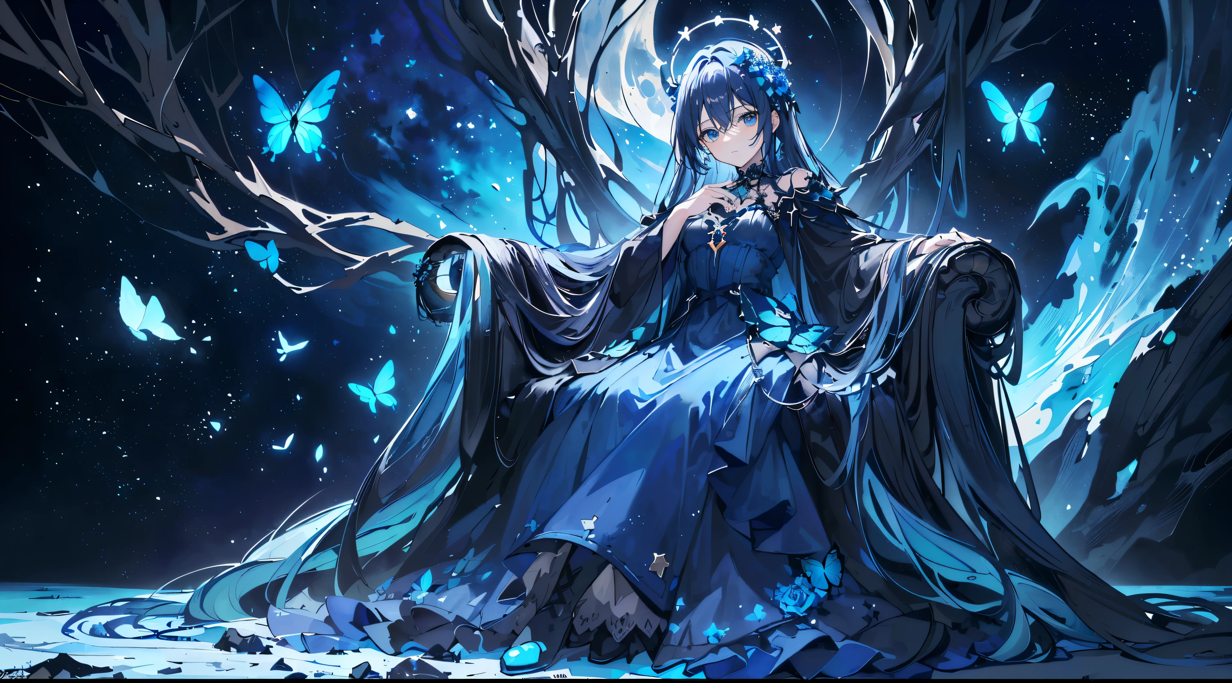 (super detailed)),((illustration)),((masterpiece)),(((need))),((beautifully、最高品质 CG Unity 8K 壁纸masterpiece),((4K,masterpiece,best quality)),Woman in her 20s sitting alone in the Milky Way,The stars are flowing under your feet,Long hair and waist,Coat dark blue,sky blue inside,night sky,Hold your chin with your left hand,contemplative,darkening of eyes,Slowly stretch your right hand forward,Dark blue boots,slender hands,ring,A flower crown worn on his head,thorn crown,Surrounded by sea blue roses,inverted cross behind back,Dark blue dress,There are many dark blue butterflies in the surrounding environment,Strange pattern.,star stickers non-porous,On the right the sun,On the left the moon,Full body close-up