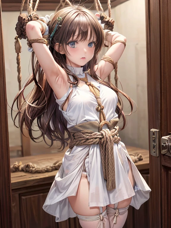 ((masterpiece)), ((best quality)), (ultra-detailed), NSFW, ((torture chamber)),a cute girl, 1girl, solo, (white mini tanktop dress),(rope bound arms), (both hands are bound and is hung from the ceiling),((thin waist)),(((hemp rope bound waist))),beautiful brown hair, beautiful blue eyes, (beautiful eyes), long hair,troubled expression
